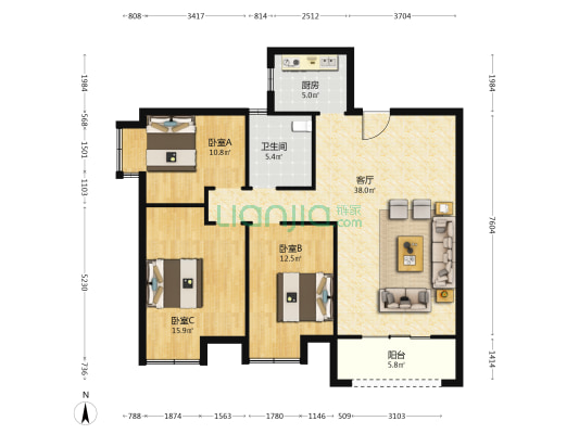 华都嘉苑 3室1厅1卫 116平方