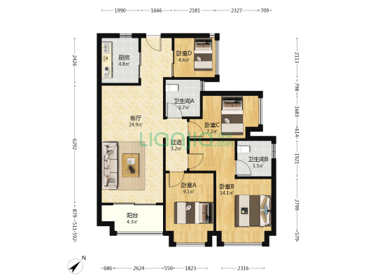 龙湖招商·天鉅 4室1厅2卫 100平方