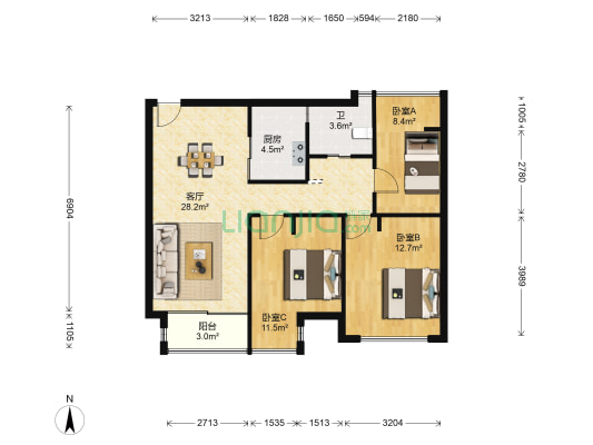 宜家华府 3室1厅1卫 96平方