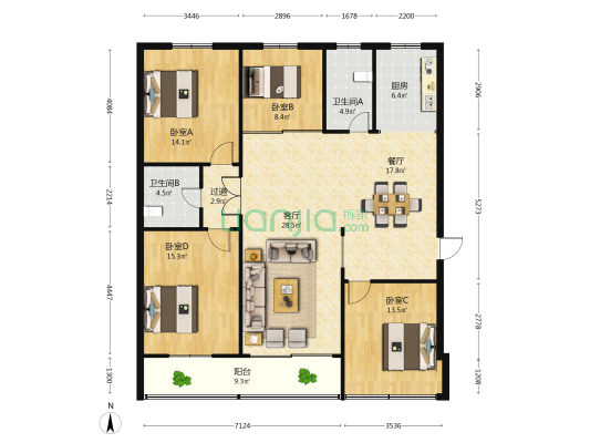 得胜里小区 4室2厅2卫 138平方