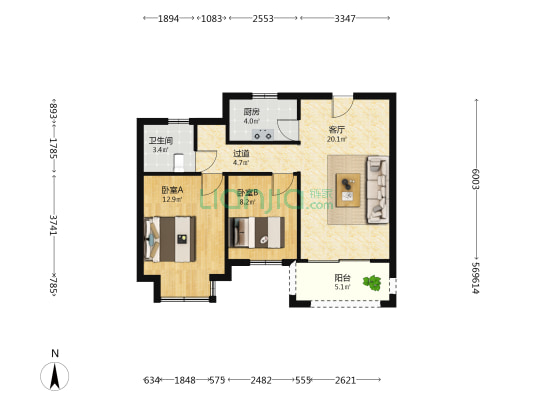 金晖嘉苑 2室1厅1卫 77平方