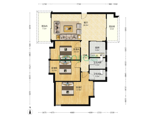 盛禾华府 3室1厅2卫 121平方