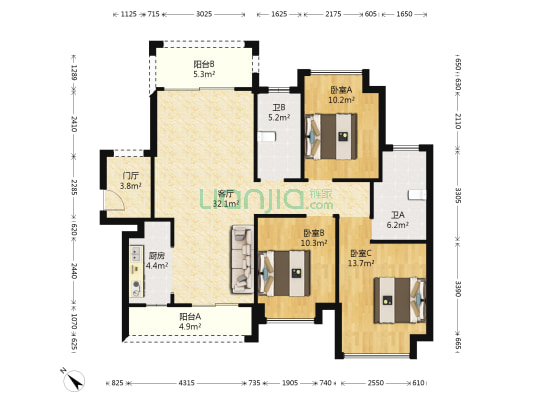 万达华府C区 3室1厅2卫 115平方