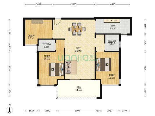 天翔湖沁庭 3室1厅2卫 120平方