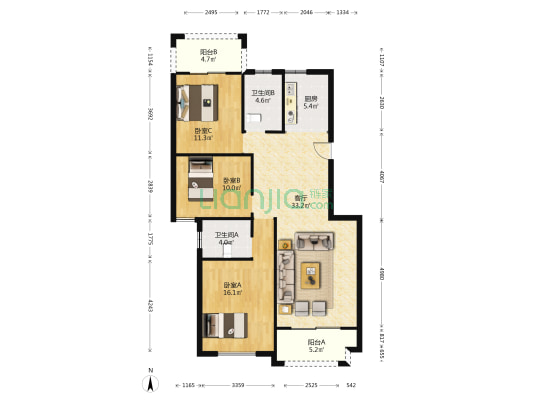 学院小区 3室1厅2卫 117平方