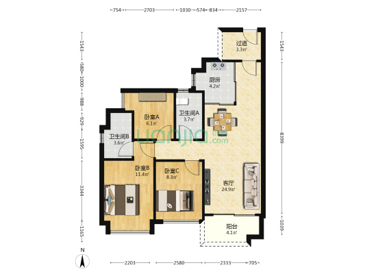 万科黄埔新城阅海 3室1厅2卫 93平方