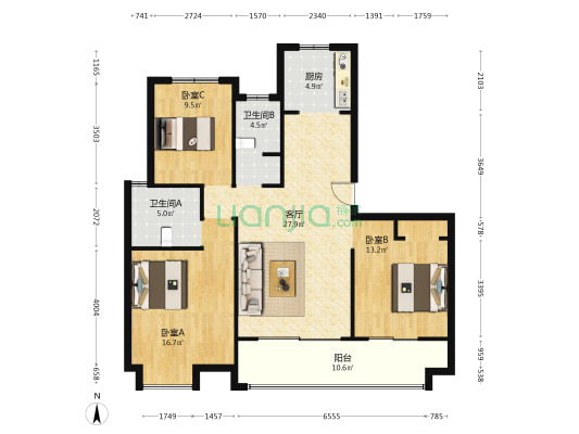 翡翠天域 3室1厅2卫 123平方