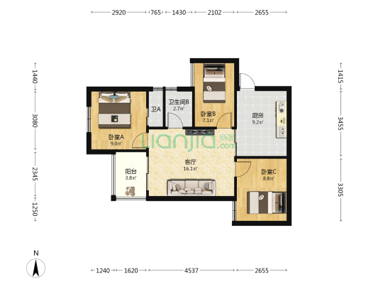 天宁白鹭湾 3室1厅2卫 69平方