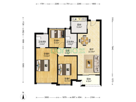 滨江新城东方名府 3室1厅2卫 88平方