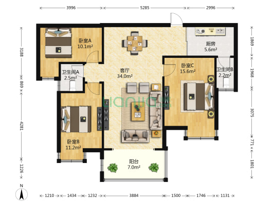 绿腾新贵公馆 3室1厅2卫 110平方