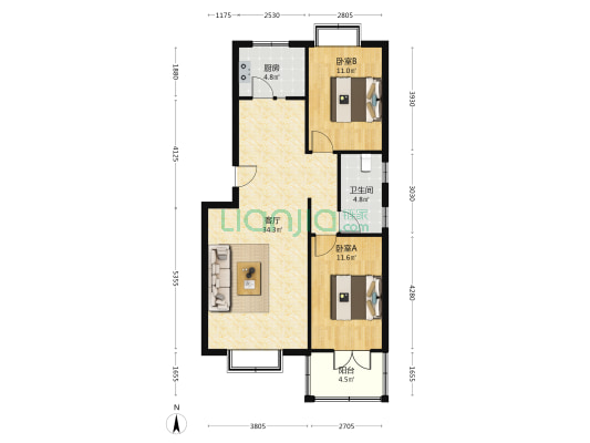 名流枫景洋房南北通透精装修两居室-户型图