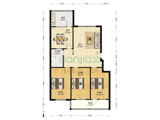 玫瑰花园 3室2厅1卫 132平方