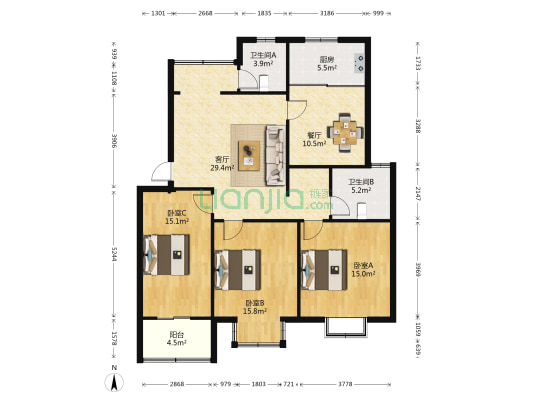 福成花园 3室2厅2卫 126平方