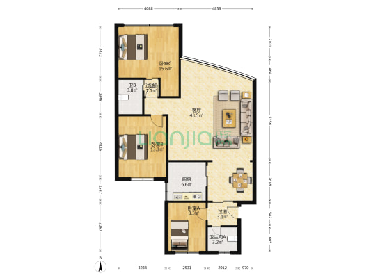 貴山苑 3室1厅2卫 115平方