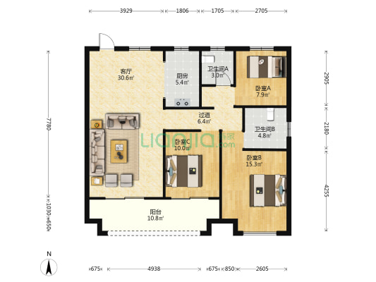 昊源东湖名筑 3室1厅2卫 121平方