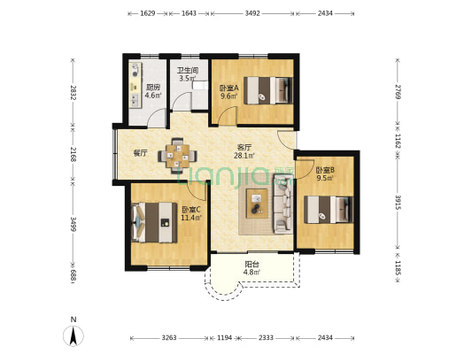 广发花园 3室1厅1卫 88平方