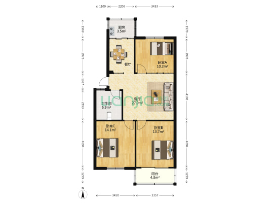 金湖花园 3室1厅1卫 93平方