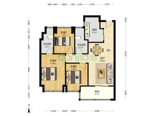 璀璨湖畔 3室1厅2卫 102平方