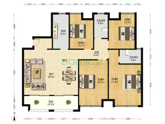 东郡丽水B区 4室1厅2卫 173平方