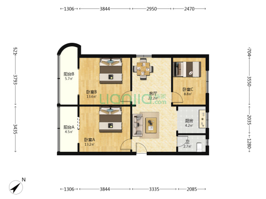一环路北三段163号院 3室1厅1卫 91平方
