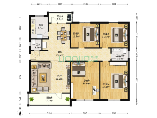 汇源公寓 4室2厅2卫 162平方