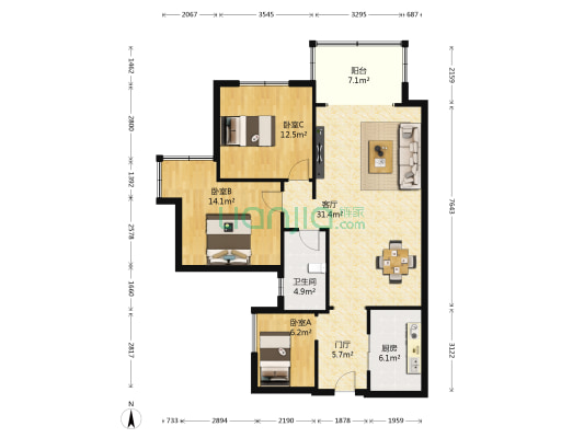 皇冠国际社区二期 3室1厅1卫 92平方