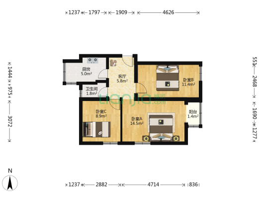 南线阁5号院 3室1厅1卫 63平方