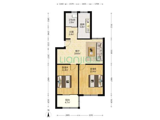 今日家园 2室1厅1卫 76平方