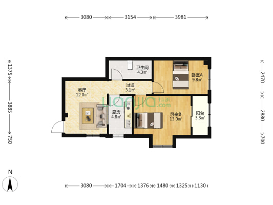西湖广场 2室1厅1卫 71平方