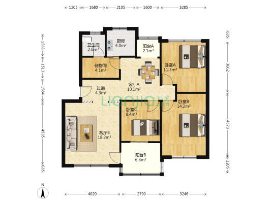 功臣山路36号 3室2厅1卫 103平方