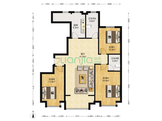 力宝国际 3室1厅2卫 136平方