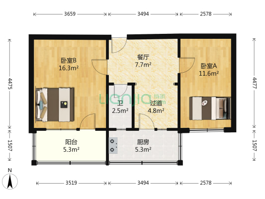 海边街2号 2室1厅1卫 59平方
