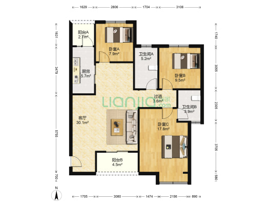 紫檀华都 3室1厅2卫 127平方