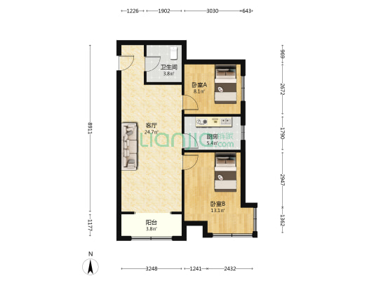 次顶层 主卧转角窗 14号楼朝东南2居 视野开阔-户型图