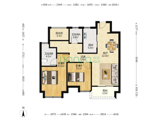 湖心溪岸 2室1厅2卫 94平方