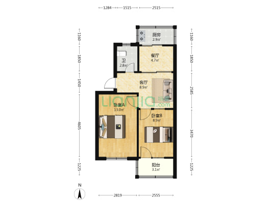 地质勘察家属院 2室2厅1卫 54平方