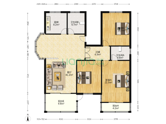丰越花园 3室1厅2卫 161平方