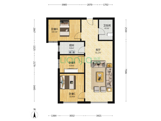 鸿坤理想湾北区朝阳小三居，采光好，视野好-户型图