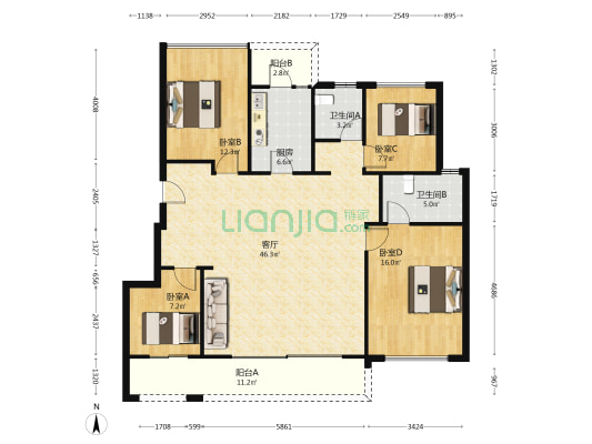 北湖揽樾 4室1厅2卫 135平方