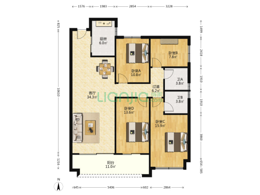 招商华发天汇 4室1厅2卫 141平方