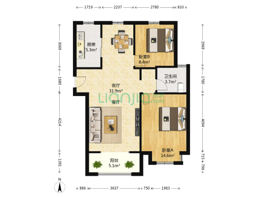 中国铁建原香漫谷 2室1厅1卫 96平方