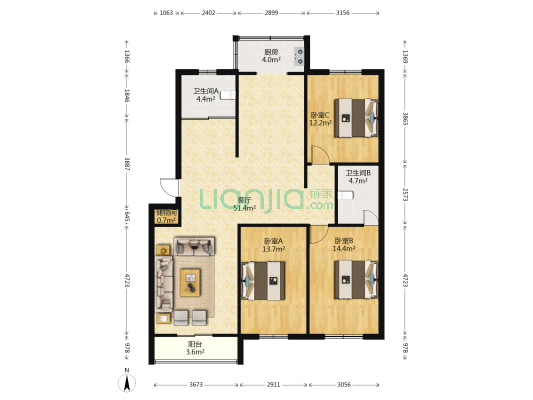 祥润佳园 3室1厅2卫 135平方