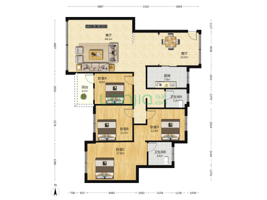 长江花园小区 4室2厅2卫 146平方