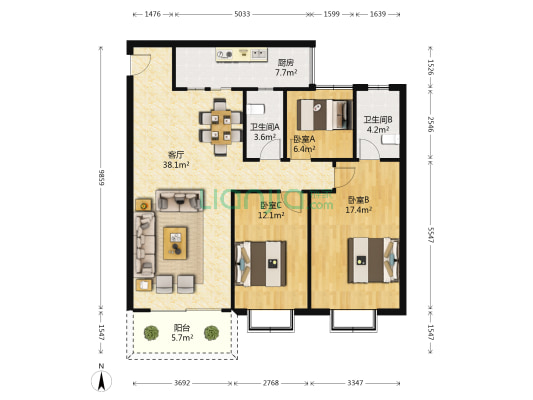 金地花园 3室1厅2卫 110平方