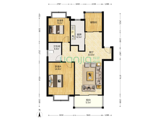 中京苑 2室1厅1卫 96平方