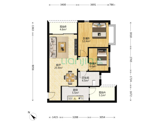 恒大金碧天下二期 2室1厅1卫 82平方