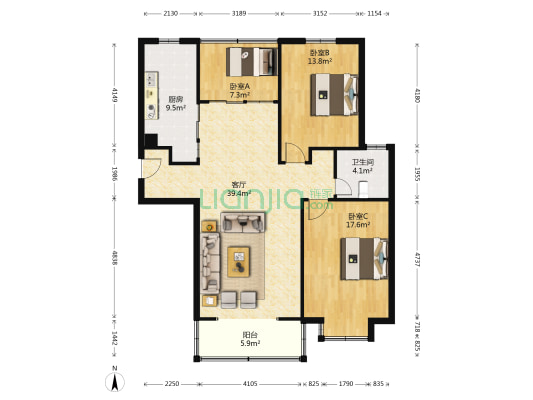 新城嘉苑D区 3室1厅1卫 128平方