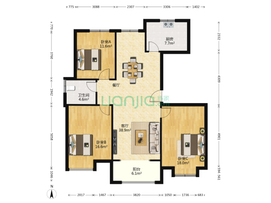 滨河花园(亭湖) 3室1厅1卫 131平方