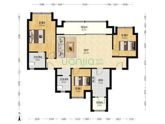 洺悦城玺悦 3室1厅2卫 121平方