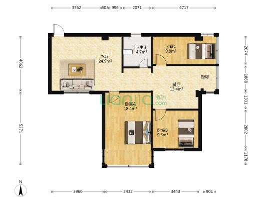 龙泉大厦 3室2厅1卫 94平方